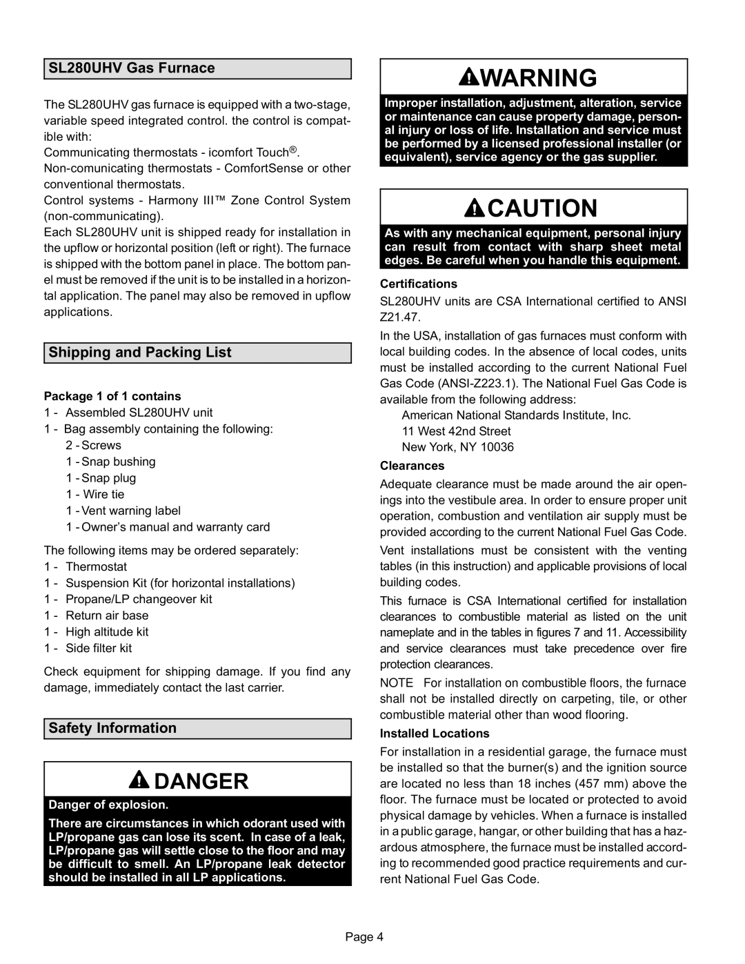 Lennox International Inc SL280UH090V48B SL280UHV Gas Furnace, Shipping and Packing List, Safety Information 