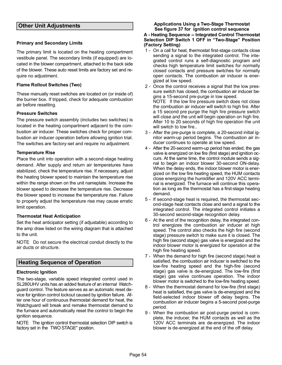 Lennox International Inc SL280UH090V36B, SL280UH090V48B Other Unit Adjustments, Heating Sequence of Operation 