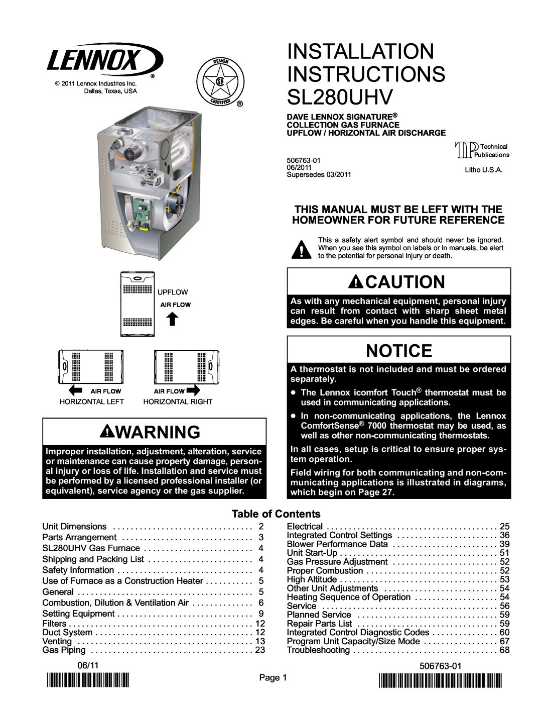 Lennox International Inc SL280UH070V36A installation instructions Table of Contents, INSTALLATION INSTRUCTIONS SL280UHV 
