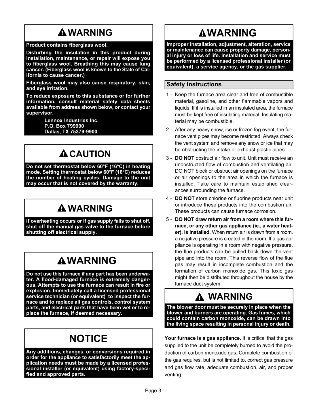 Lennox International Inc cariable capacity gas furnace, slp98uh manual Safety Instructions 