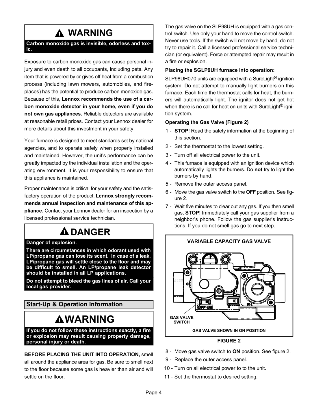 Lennox International Inc slp98uh Start−Up & Operation Information, Carbon monoxide gas is invisible, odorless and tox- ic 