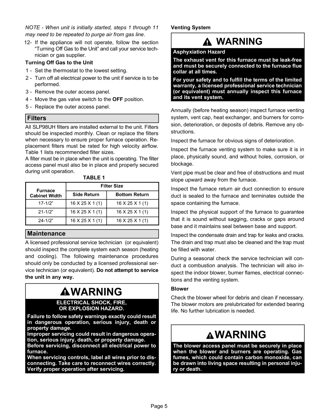 Lennox International Inc cariable capacity gas furnace, slp98uh manual Filters, Maintenance 