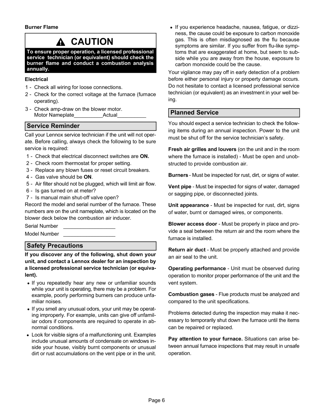 Lennox International Inc slp98uh, cariable capacity gas furnace manual Service Reminder, Safety Precautions, Planned Service 