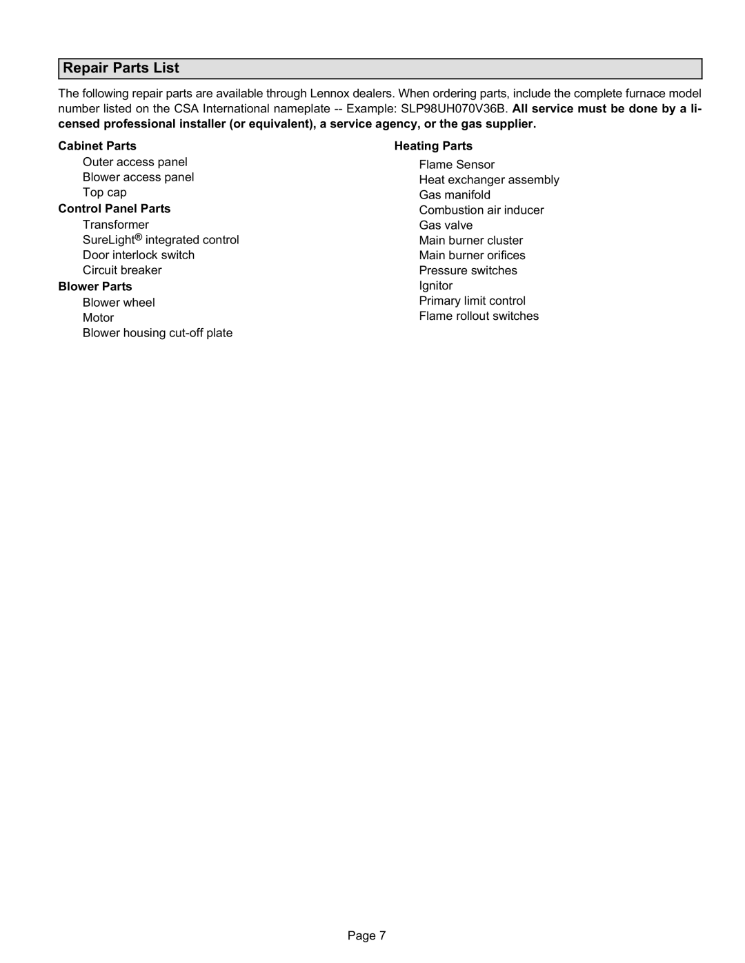 Lennox International Inc cariable capacity gas furnace, slp98uh manual Repair Parts List 