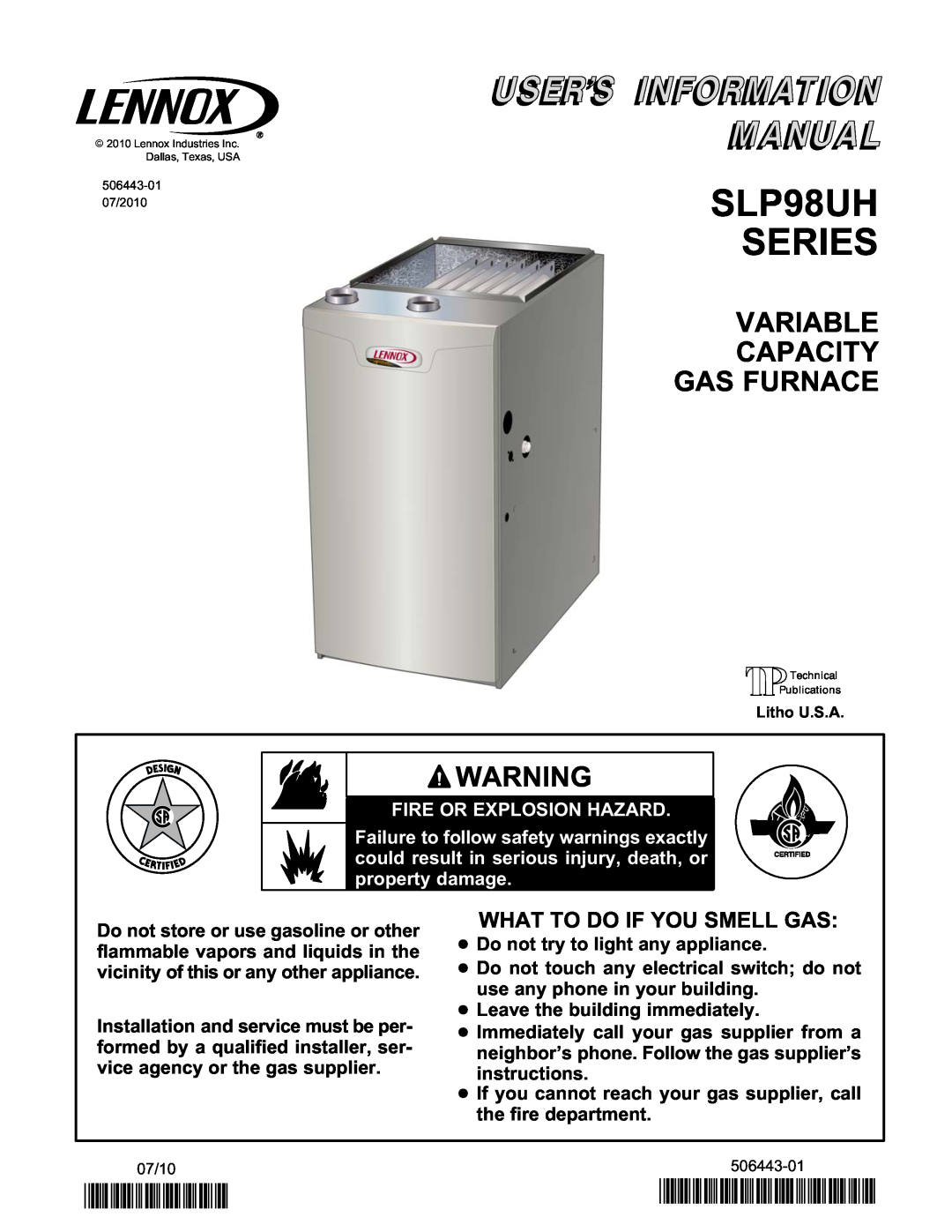 Lennox International Inc cariable capacity gas furnace manual Variable Capacity Gas Furnace, SLP98UH SERIES, 2P0710 