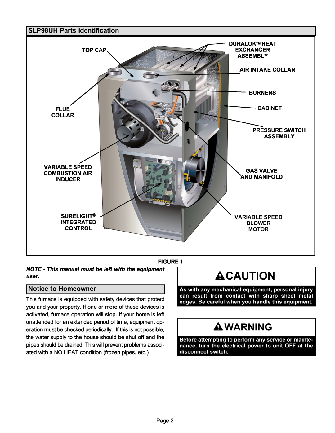 Lennox International Inc slp98uh, cariable capacity gas furnace manual SLP98UH Parts Identification, Notice to Homeowner 
