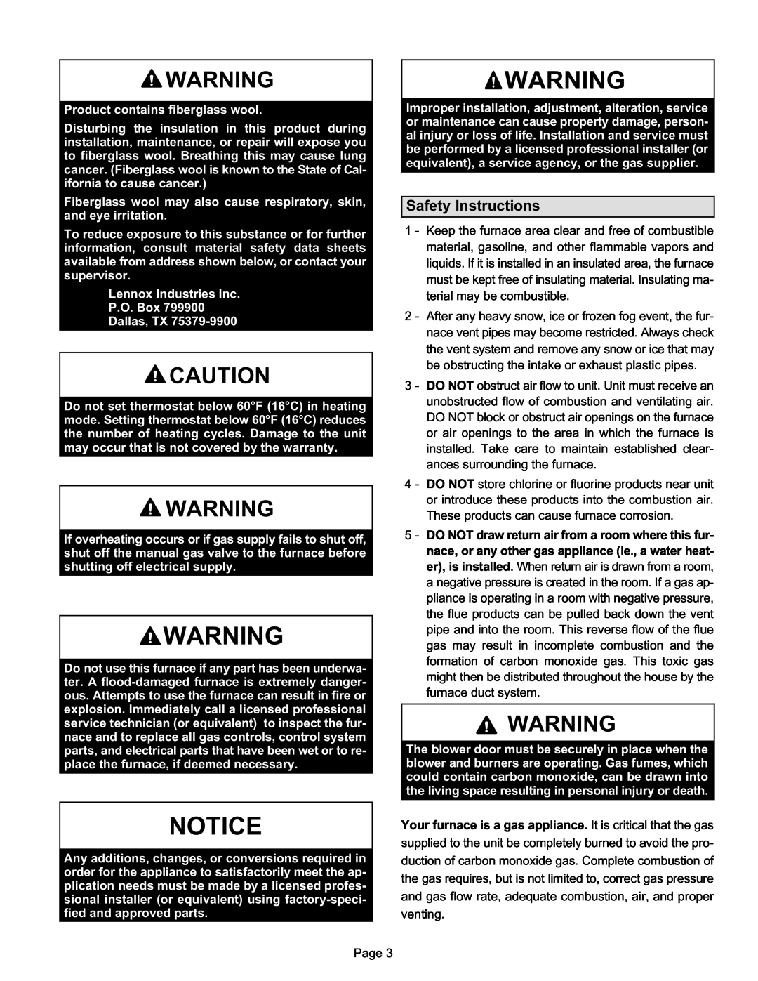 Lennox International Inc cariable capacity gas furnace, slp98uh manual Safety Instructions 