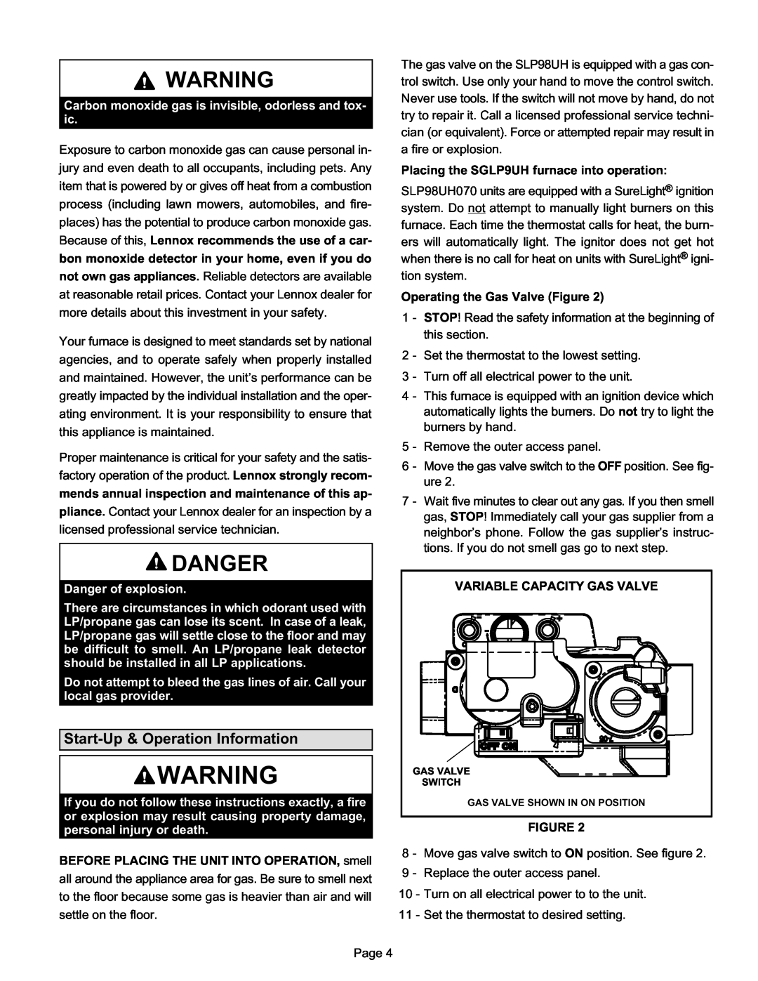Lennox International Inc slp98uh, cariable capacity gas furnace manual Danger, Start−Up & Operation Information 