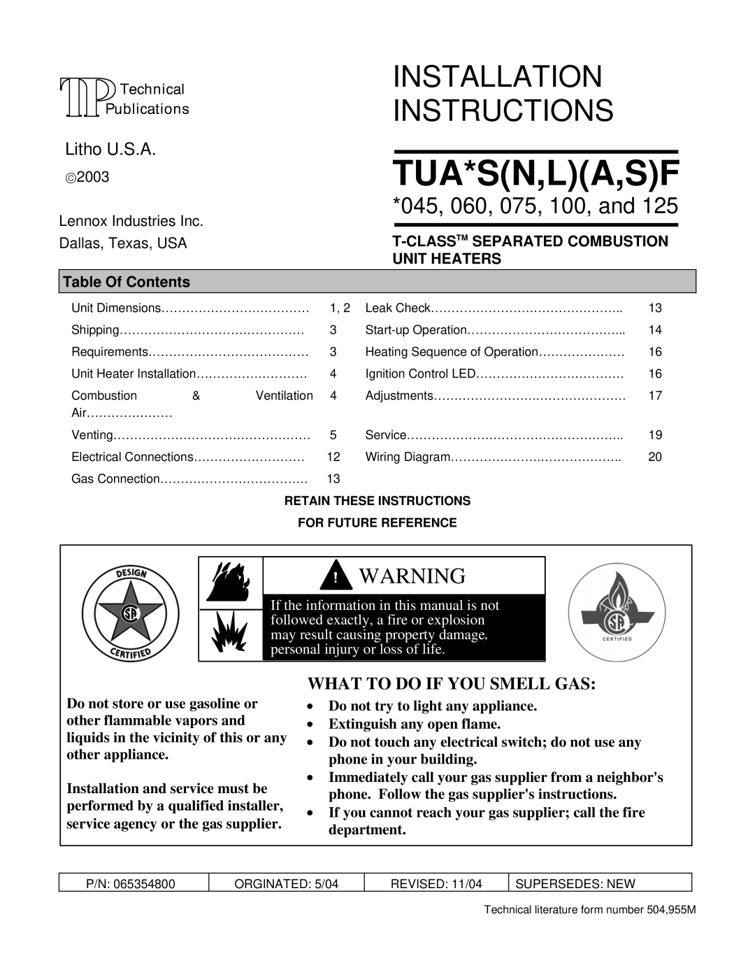 Lennox International Inc TUA45S, TUA125S, TUA100S, TUA60S, TUA75S installation instructions Tua*Sn,La,Sf, Table Of Contents 