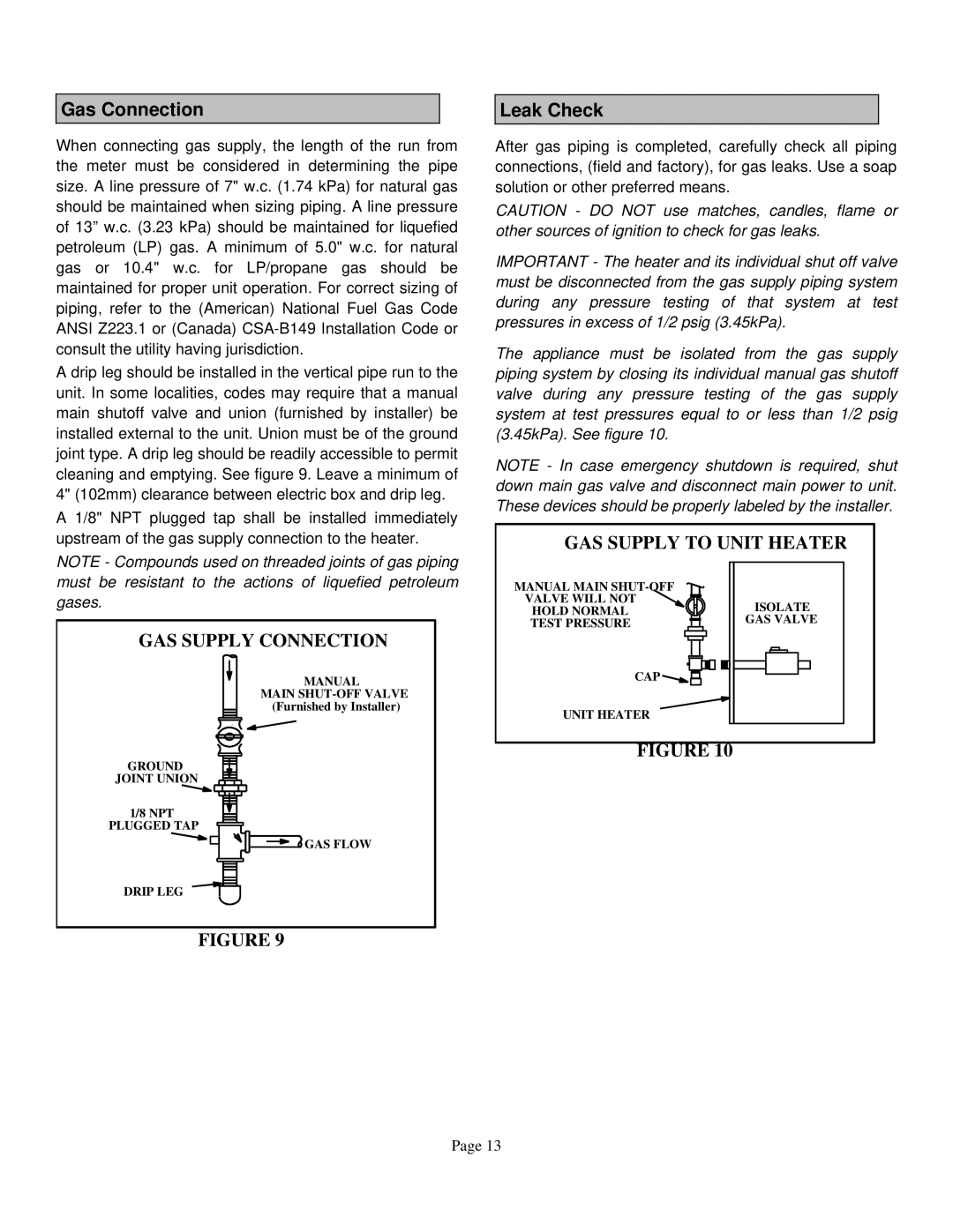 Lennox International Inc TUA100S, TUA125S Gas Connection, Leak Check, GAS Supply to Unit Heater GAS Supply Connection 