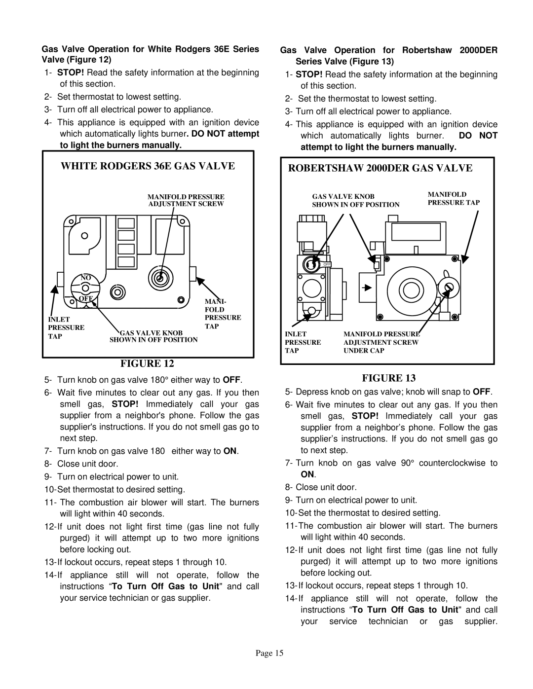 Lennox International Inc TUA75S White Rodgers 36E GAS Valve, Robertshaw 2000DER GAS Valve, To light the burners manually 