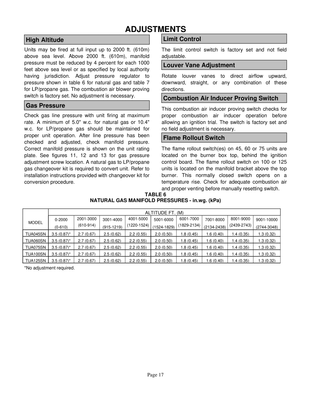 Lennox International Inc TUA125S, TUA45S Limit Control, Louver Vane Adjustment, Combustion Air Inducer Proving Switch 