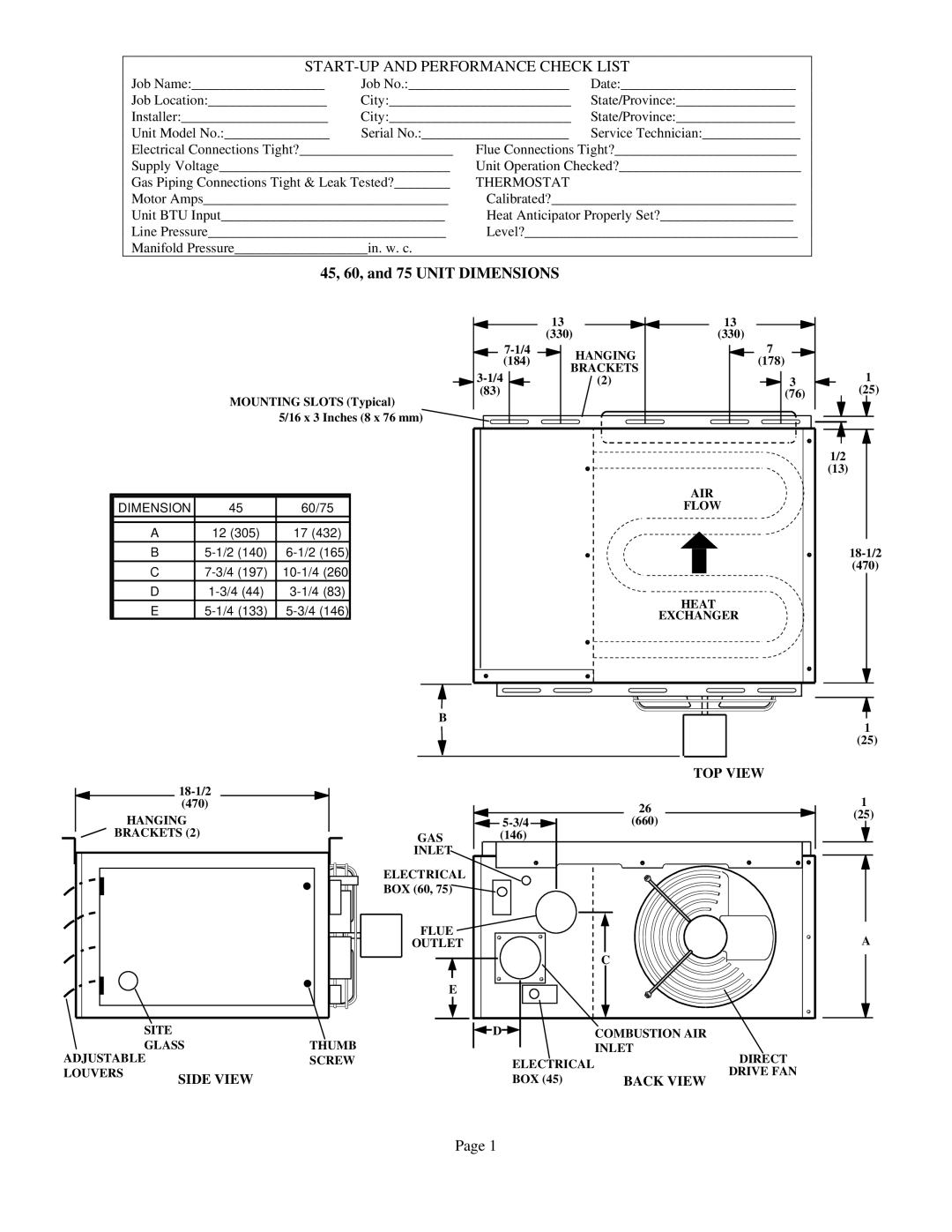 Lennox International Inc TUA100S, TUA125S, TUA45S, TUA60S, TUA75S installation instructions 45, 60, and 75 Unit Dimensions 