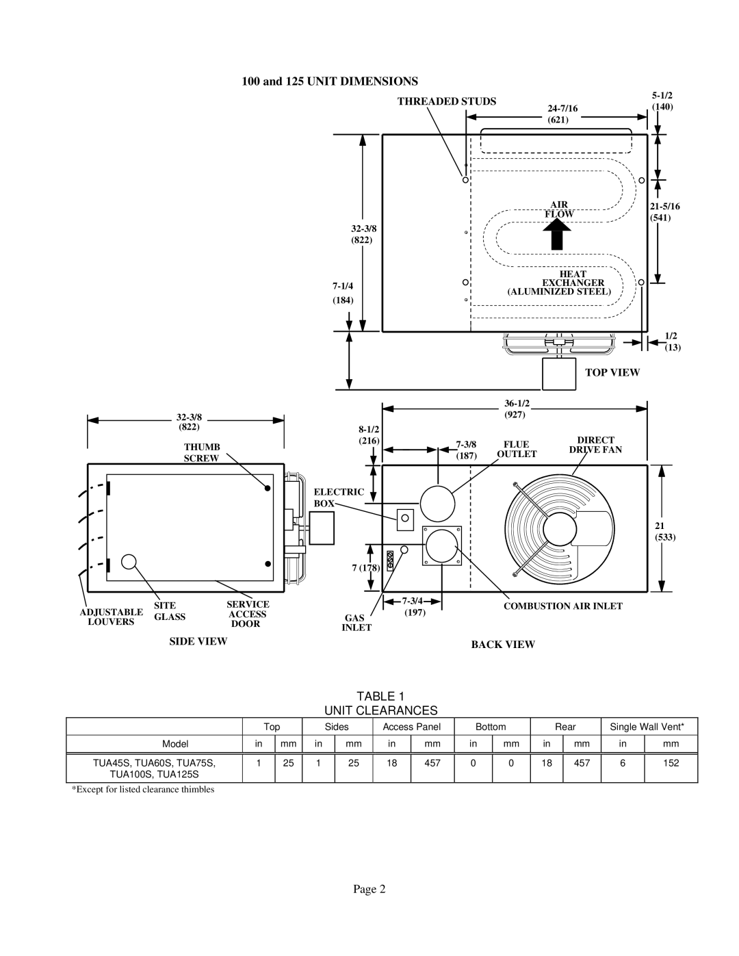 Lennox International Inc TUA60S, TUA125S, TUA45S, TUA100S, TUA75S installation instructions Unit Dimensions, Unit Clearances 