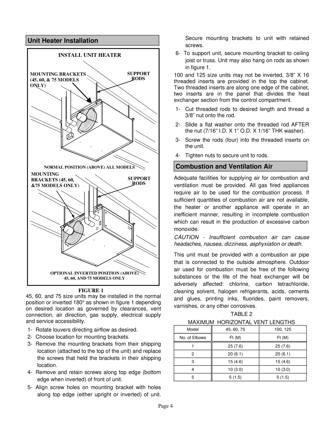 Lennox International Inc T-CLASS TM SEPARATED COMBUSTION UNIT HEATERS, TUA125S, TUA45S, TUA100S Unit Heater Installation 