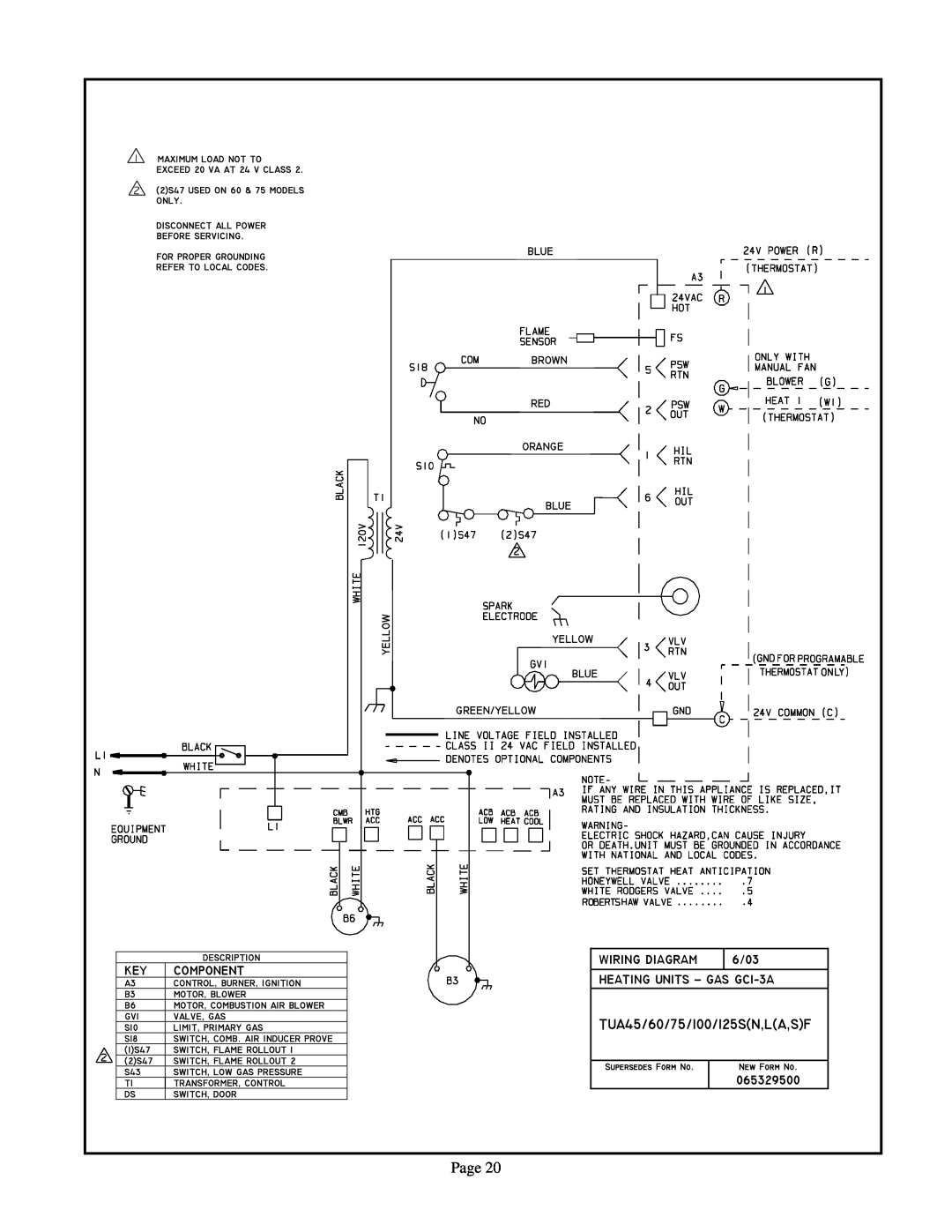 Lennox International Inc TUA60S Page, TUA45/60/75/100/125SN,LA,SF, Component, Wiring Diagram, 6/03, 065329500, Blue, Brown 