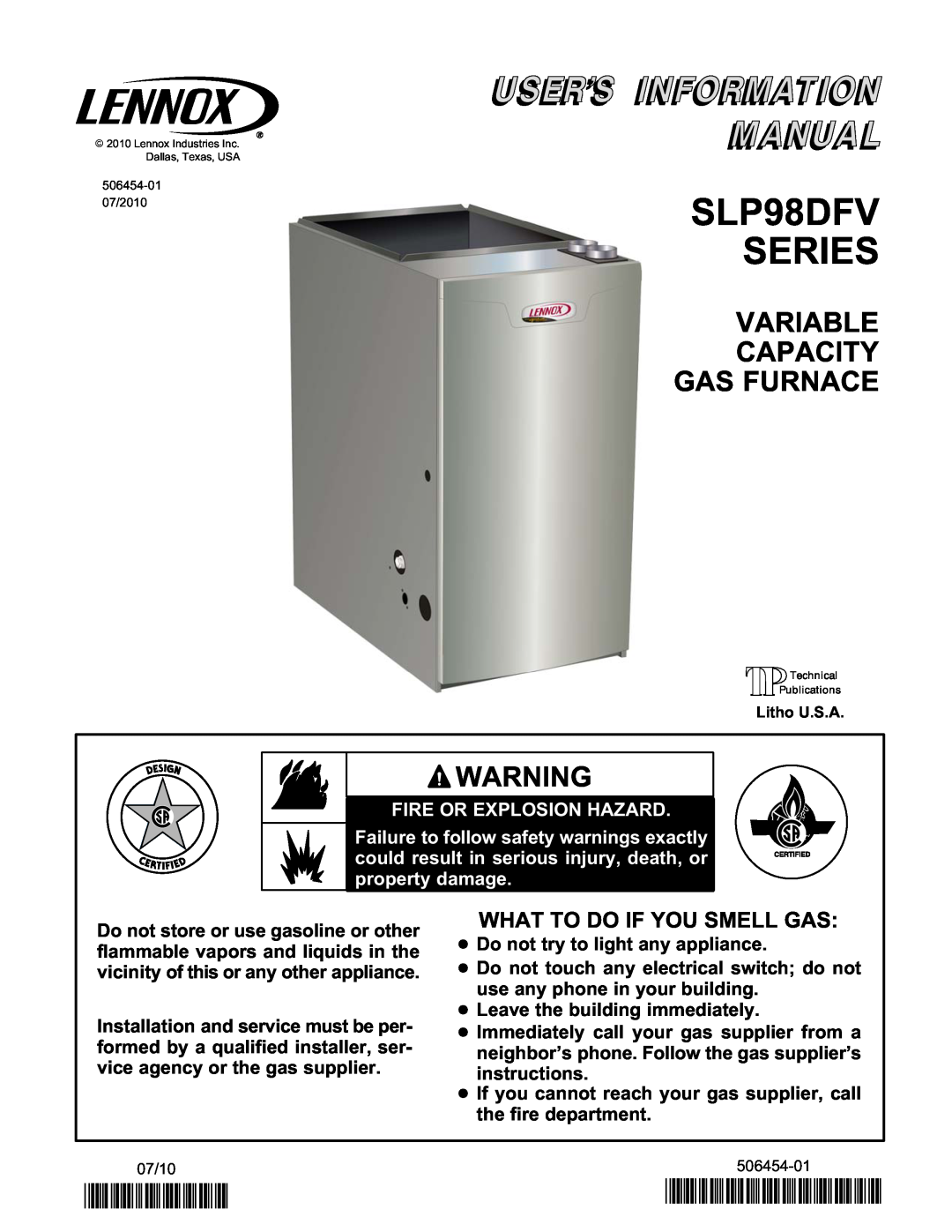 Lennox International Inc Variable Capacity Gas Furnace manual SLP98DFV SERIES, 2P0710, P506454-01 