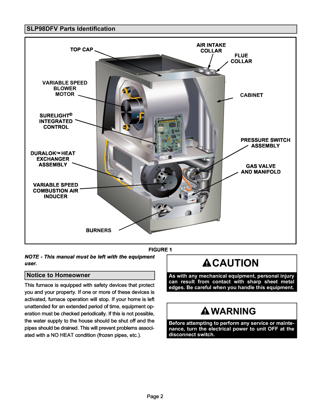 Lennox International Inc Variable Capacity Gas Furnace manual SLP98DFV Parts Identification, Notice to Homeowner 
