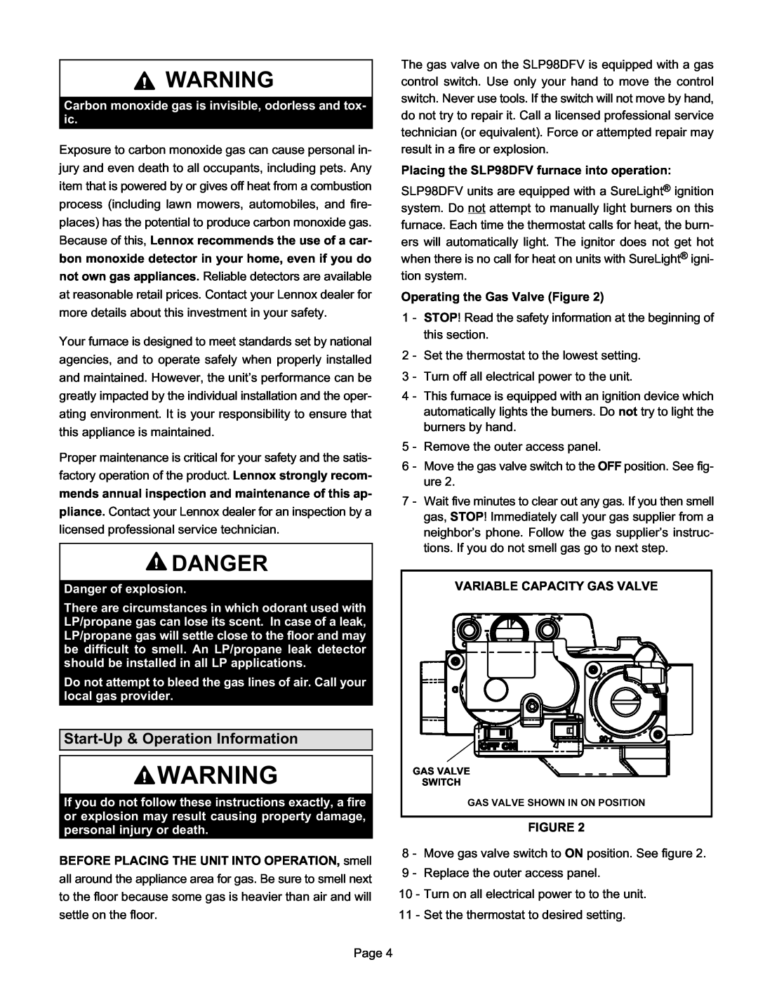 Lennox International Inc SLP98DFV, Variable Capacity Gas Furnace manual Danger, Start−Up & Operation Information 