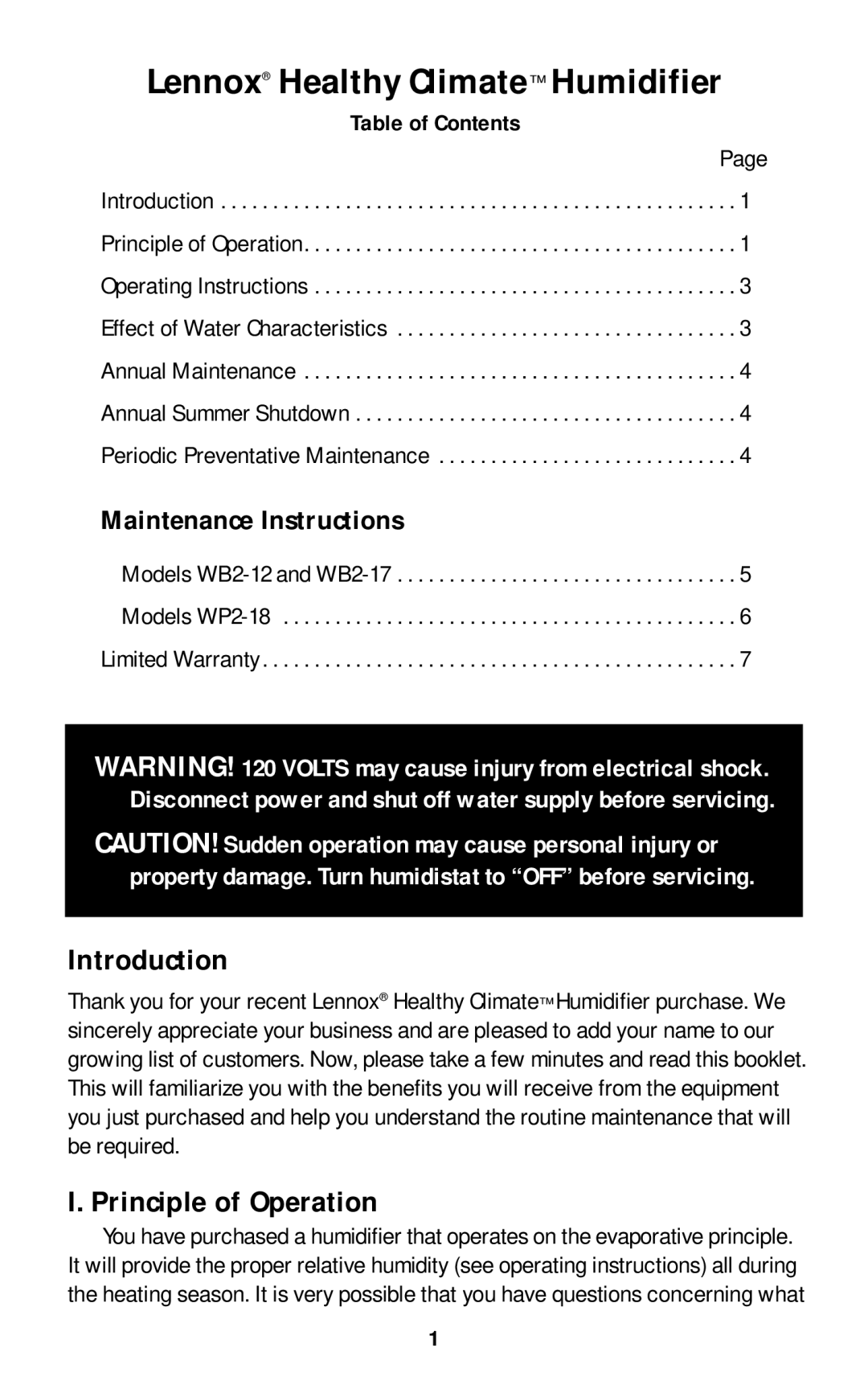 Lennox International Inc WB2-17 WP2-18, WB2-12 owner manual Introduction, Principle of Operation, Table of Contents 