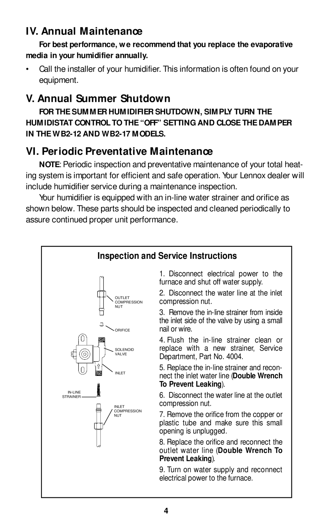 Lennox International Inc WB2-12 IV. Annual Maintenance, Annual Summer Shutdown, VI. Periodic Preventative Maintenance 