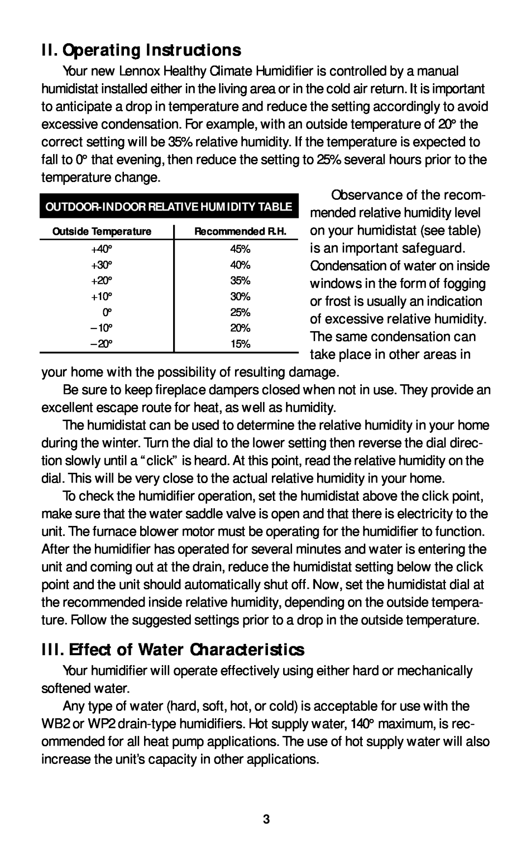 Lennox International Inc WB2-17 WP2-18, WB2-12 owner manual II. Operating Instructions, III. Effect of Water Characteristics 