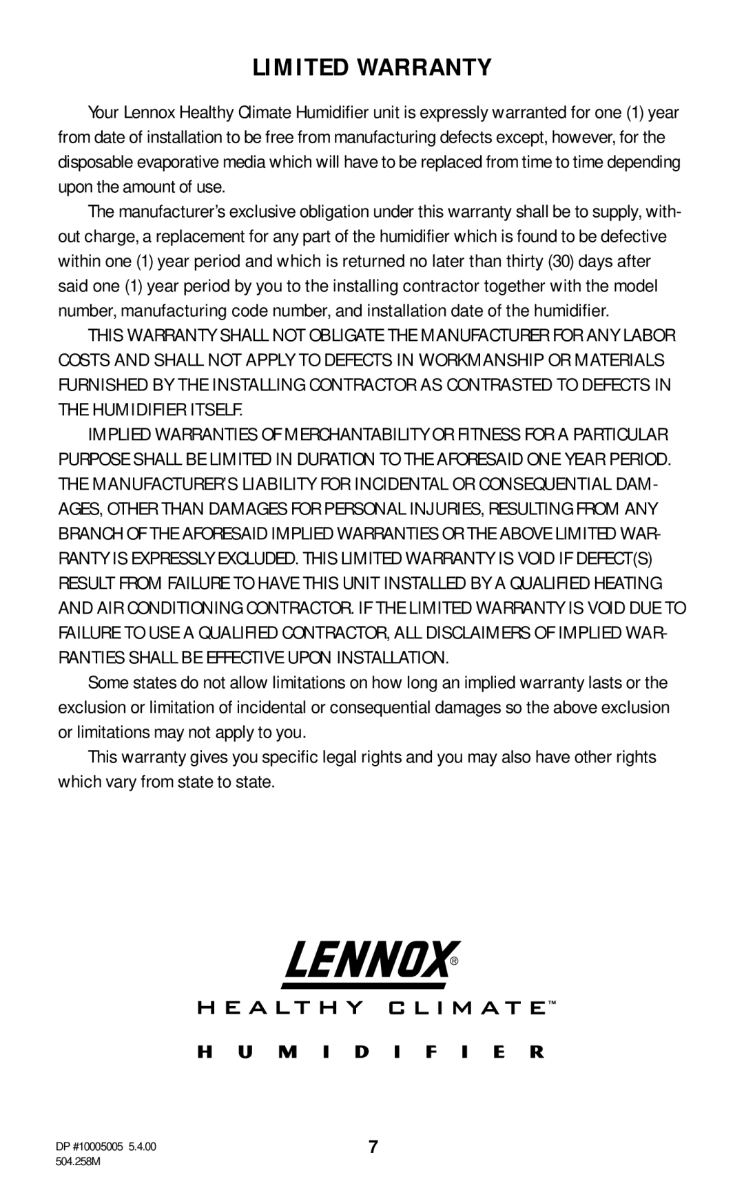 Lennox International Inc WB2-17 WP2-18, WB2-12 owner manual Limited Warranty, DP #10005005, 504.258M 