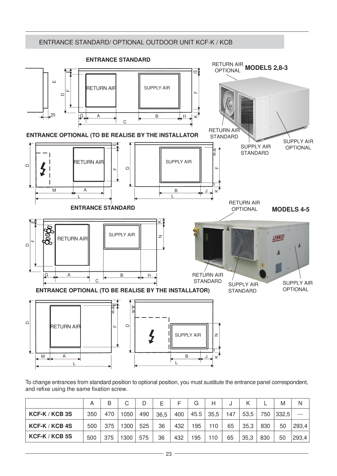 Lennox International Inc WING manual Entrance STANDARD/ Optional Outdoor Unit KCF-K / KCB 