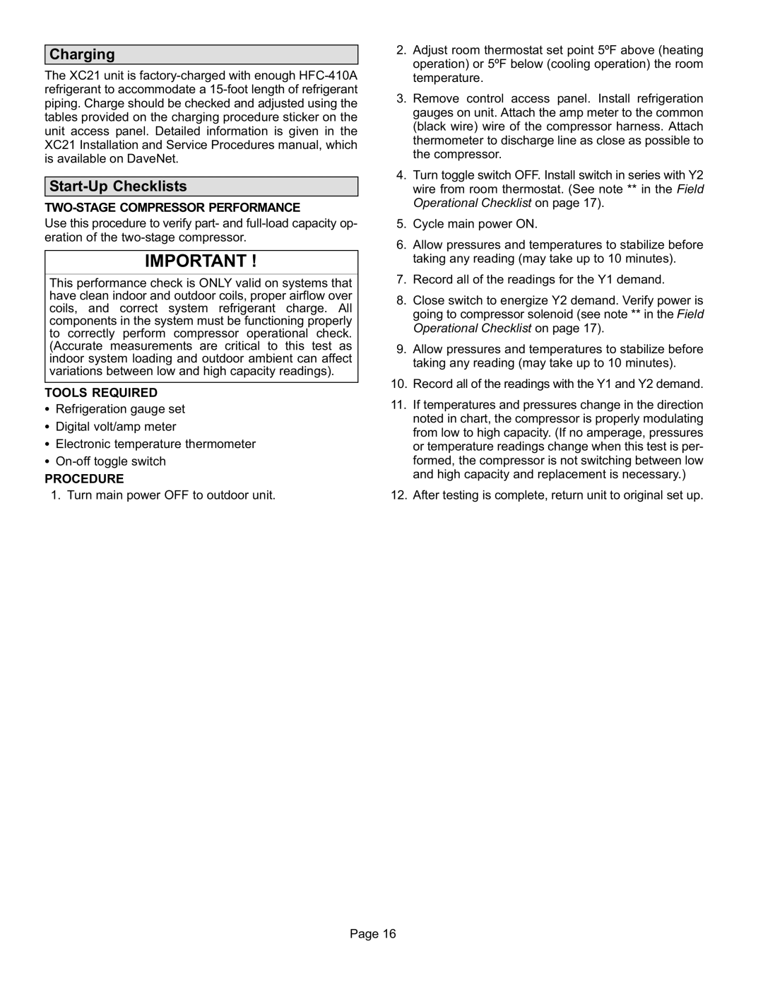 Lennox International Inc XC21 Charging, Start−Up Checklists, TWO−STAGE Compressor Performance, Tools Required, Procedure 