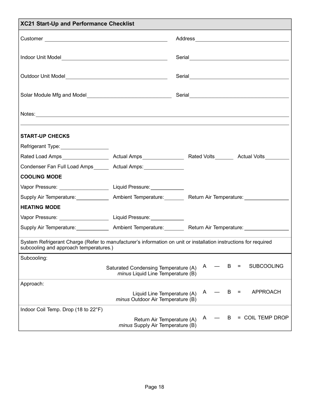 Lennox International Inc XC21 START−UP Checks, Cooling Mode, Heating Mode, Subcooling, Approach, = Coil Temp Drop 
