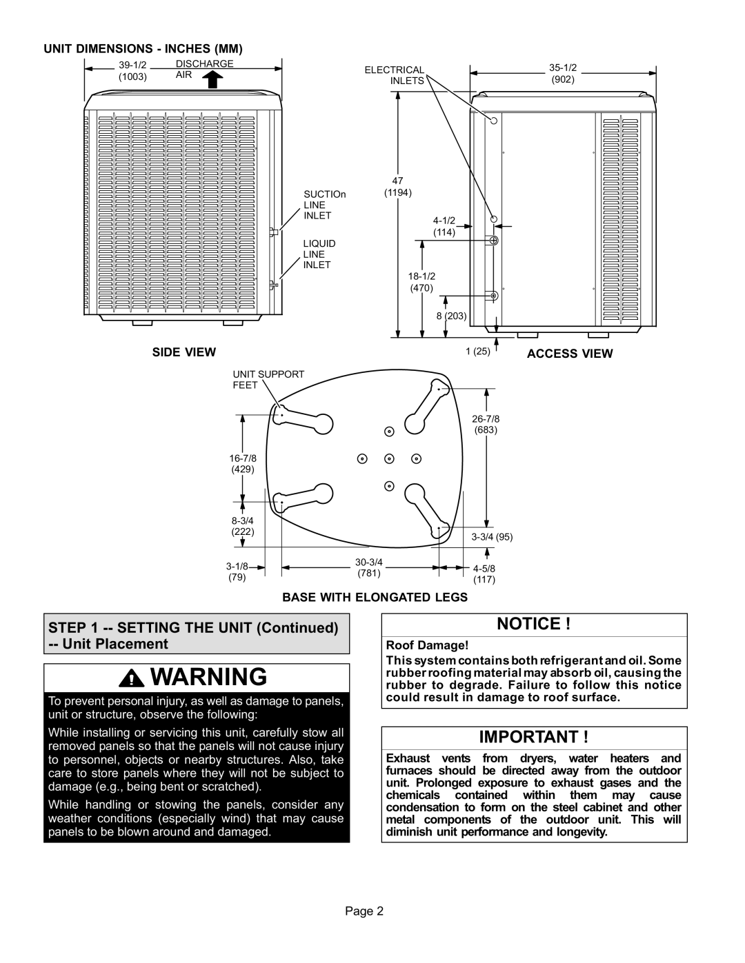 Lennox International Inc XC21 Setting the Unit −− Unit Placement, Unit Dimensions − Inches MM, Side View, Access View 