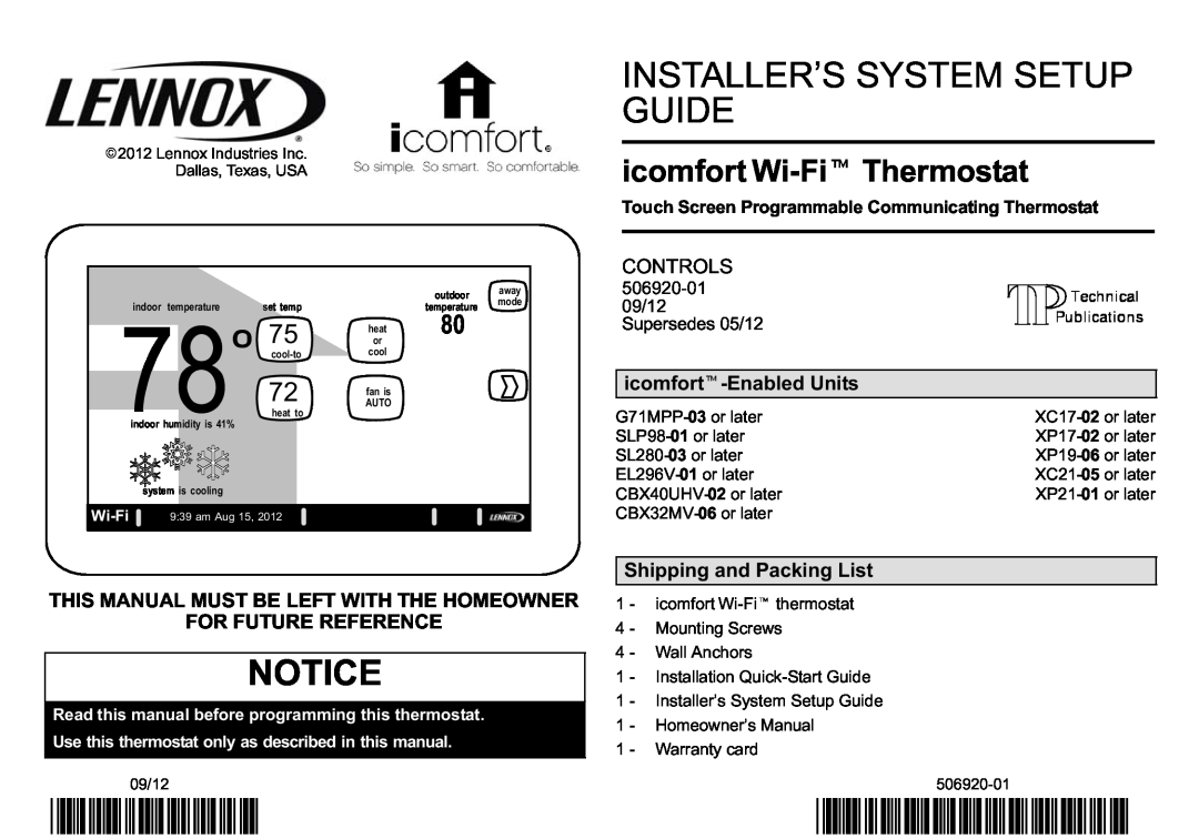 Lennox International Inc XC2105, XP2101, XC1702 setup guide Installer’S System Setup Guide, 2P0912**P506920-01, Controls 