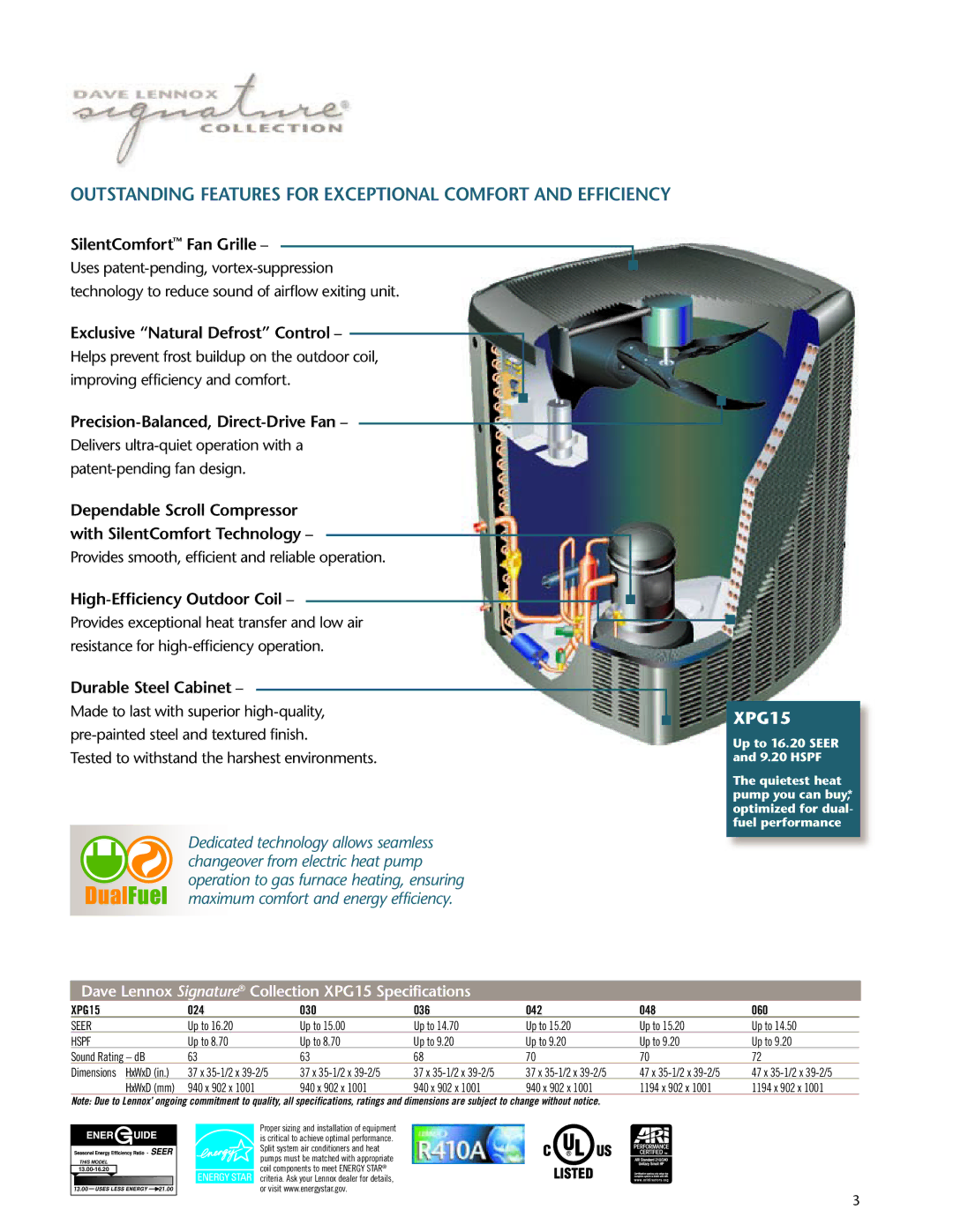 Lennox International Inc XPG15 manual Outstanding features for exceptional comfort and efficiency 