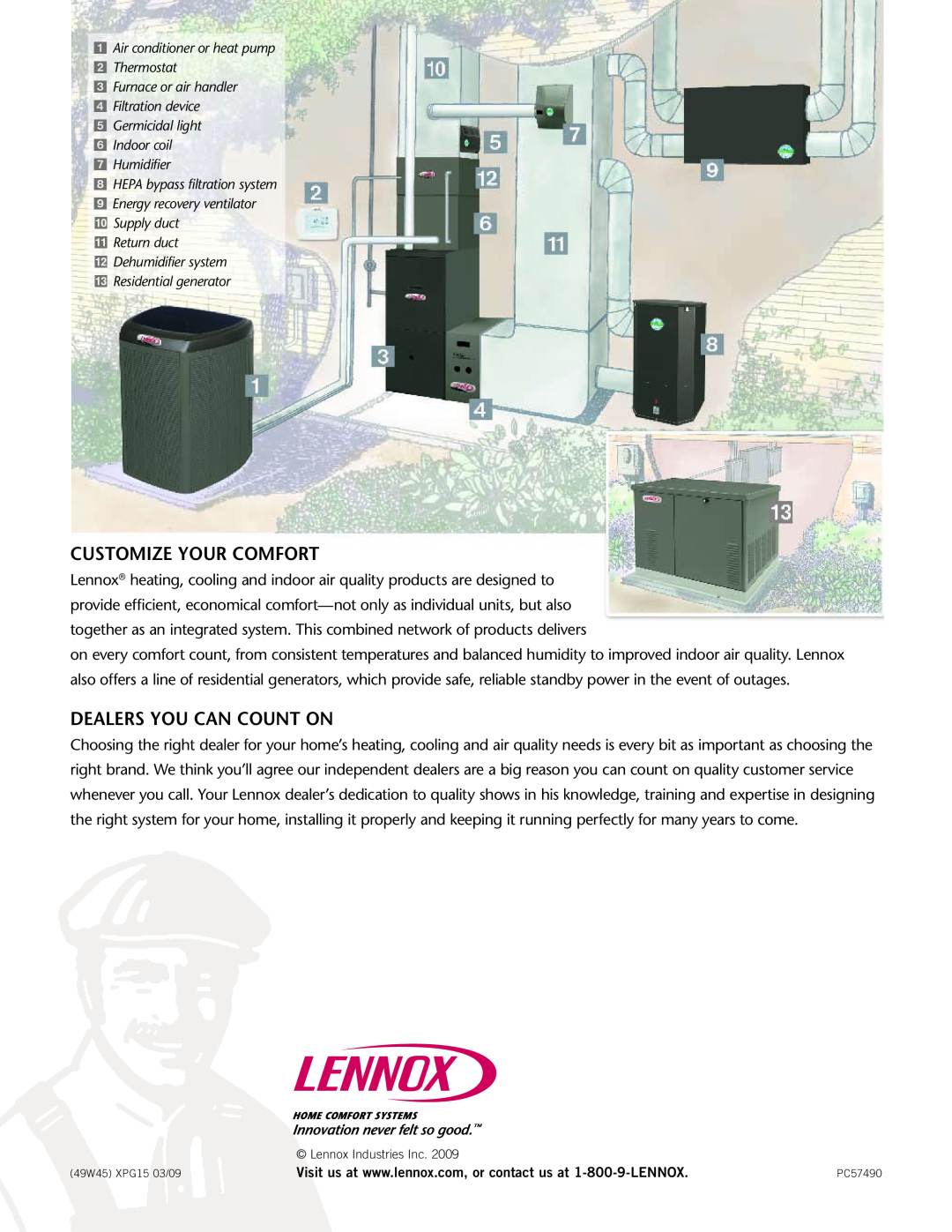 Lennox International Inc XPG15 manual customize your comfort, Dealers You Can Count On, Residential generator 