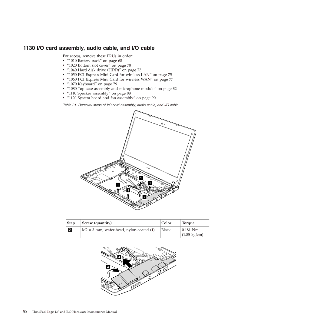 Lenovo 019726U manual 1130 I/O card assembly, audio cable, and I/O cable, Step Screw quantity Color Torque 