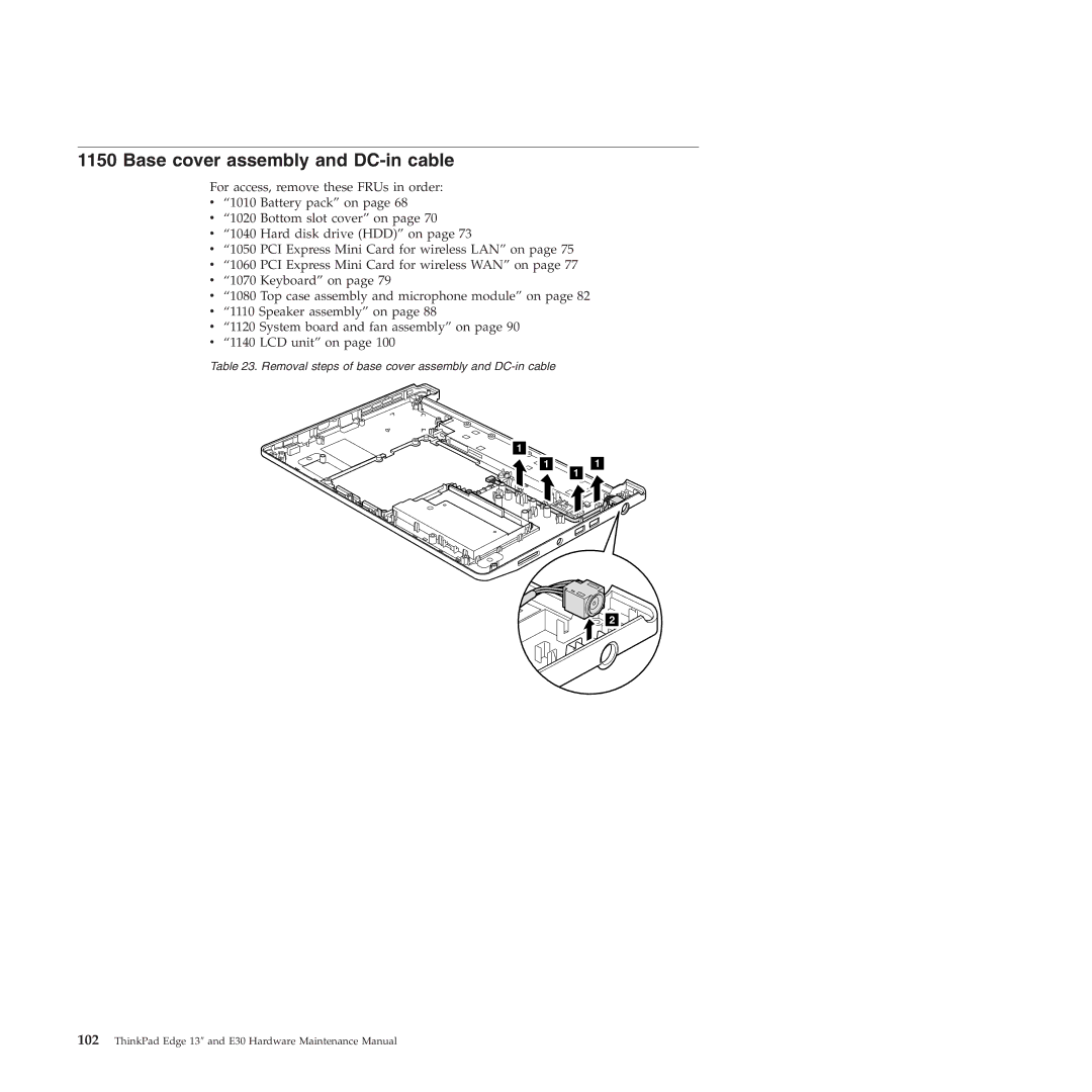 Lenovo 019726U manual Base cover assembly and DC-in cable 