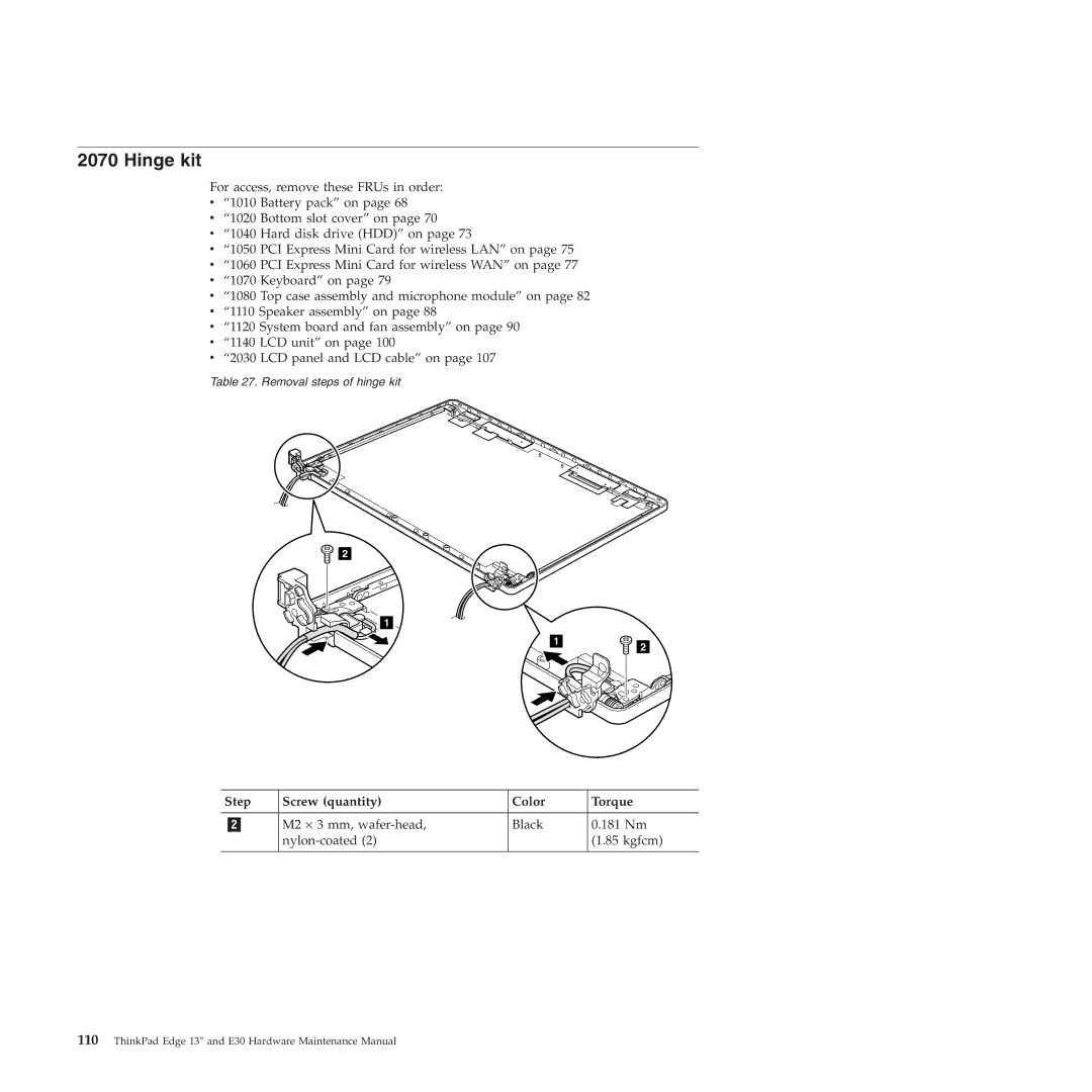 Lenovo 019726U manual Hinge kit, M2 ⋅ 3 mm, wafer-head Black 181 Nm Nylon-coated Kgfcm 