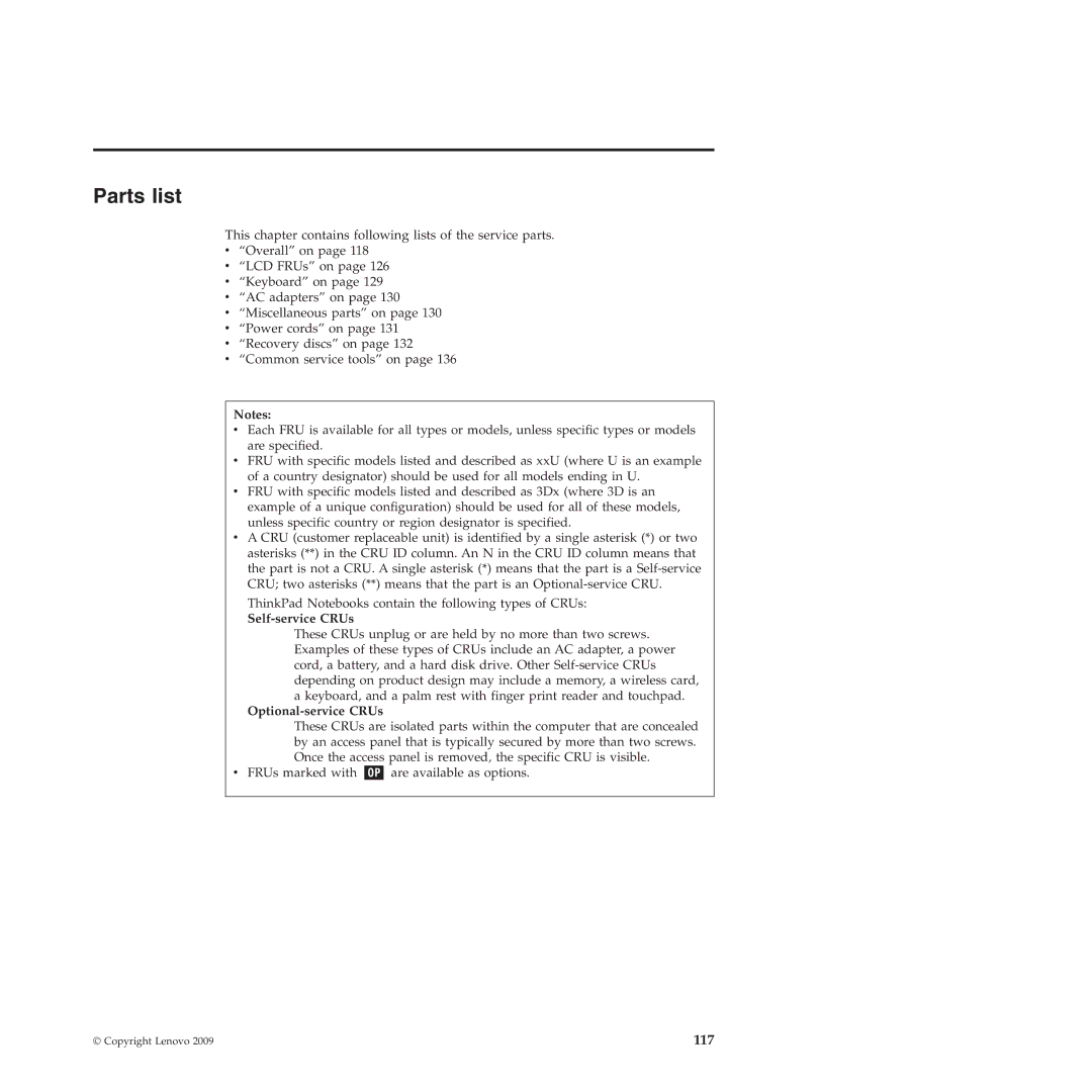 Lenovo 019726U manual Parts list, Self-service CRUs, Optional-service CRUs 