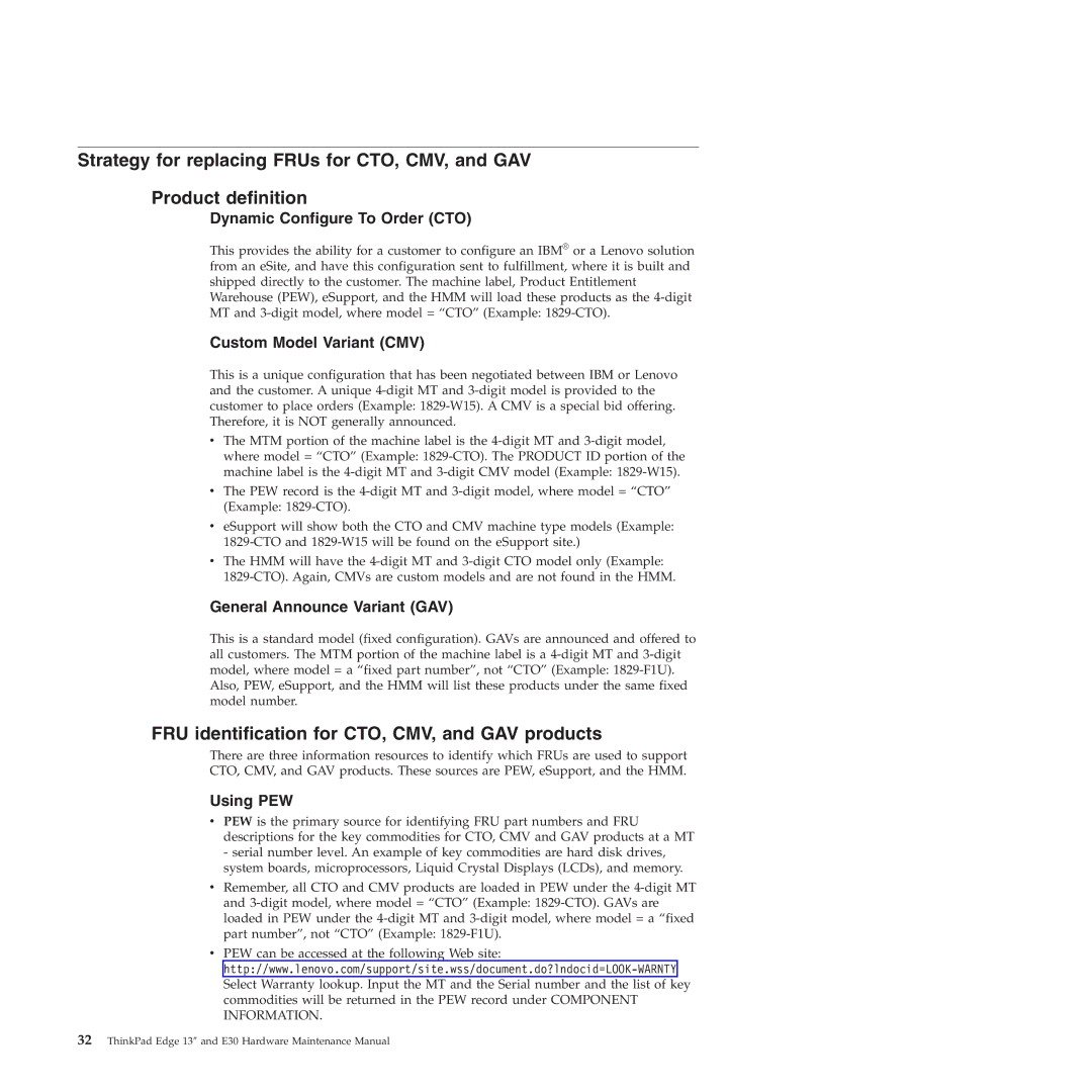 Lenovo 019726U manual FRU identification for CTO, CMV, and GAV products, Dynamic Configure To Order CTO 