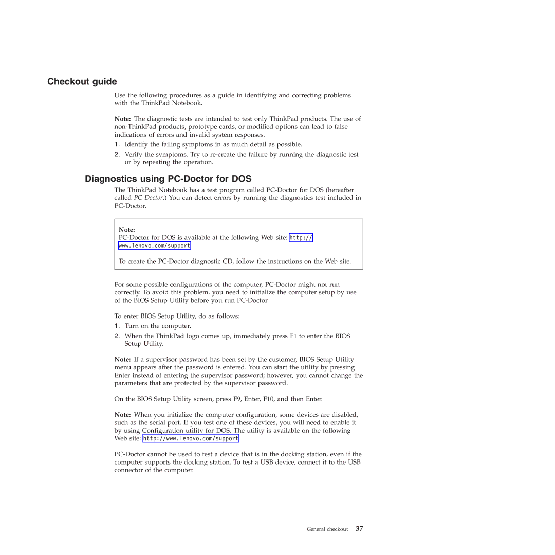 Lenovo 019726U manual Checkout guide, Diagnostics using PC-Doctor for DOS 