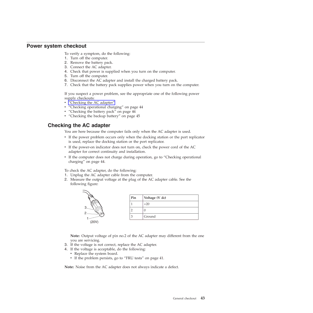 Lenovo 019726U manual Power system checkout, Checking the AC adapter 