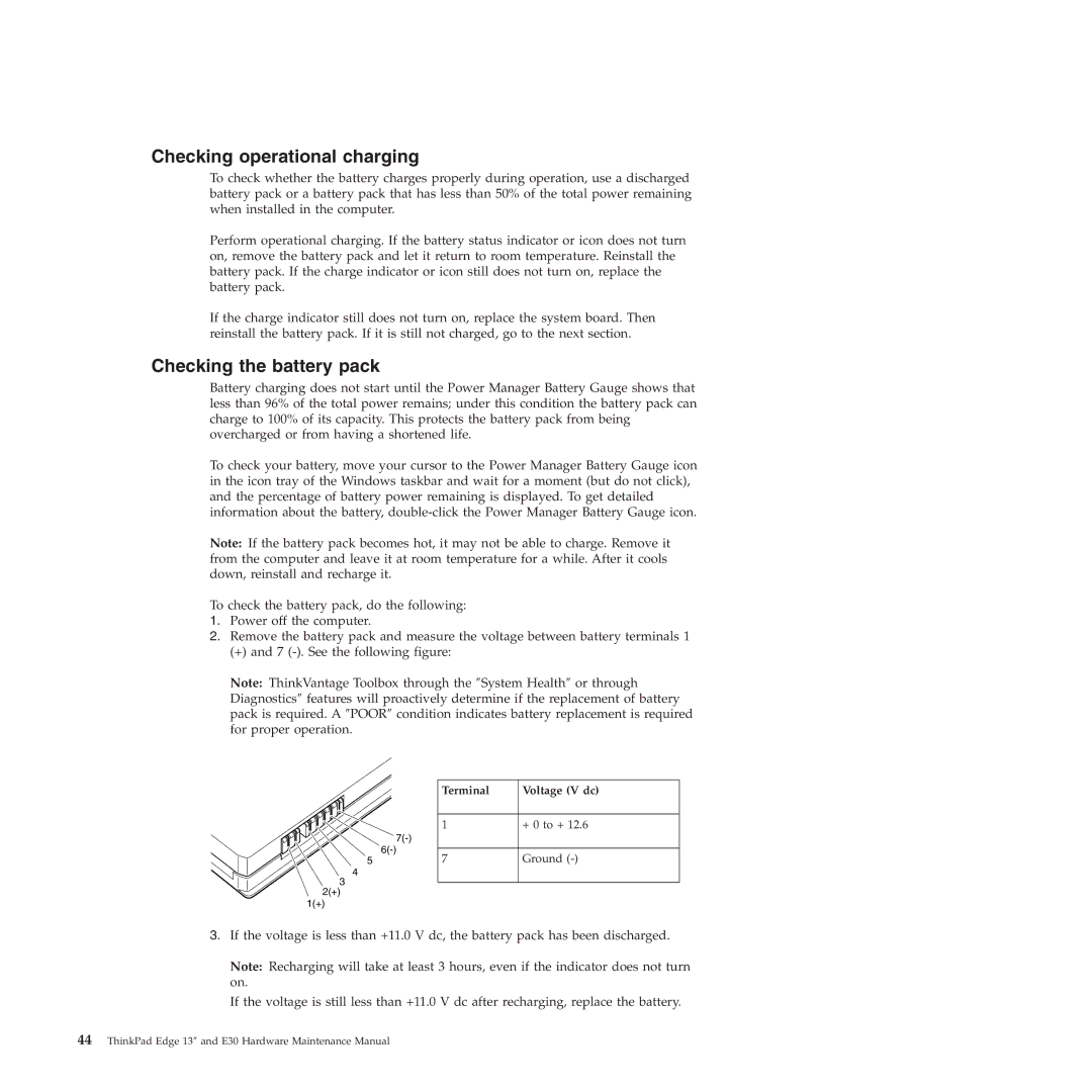 Lenovo 019726U manual Checking operational charging, Checking the battery pack 