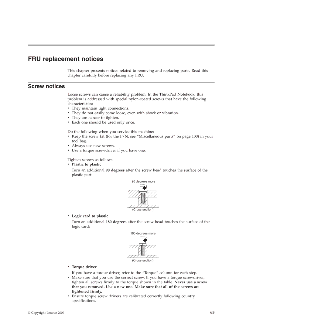 Lenovo 019726U manual FRU replacement notices, Screw notices, Plastic to plastic, Logic card to plastic, Torque driver 