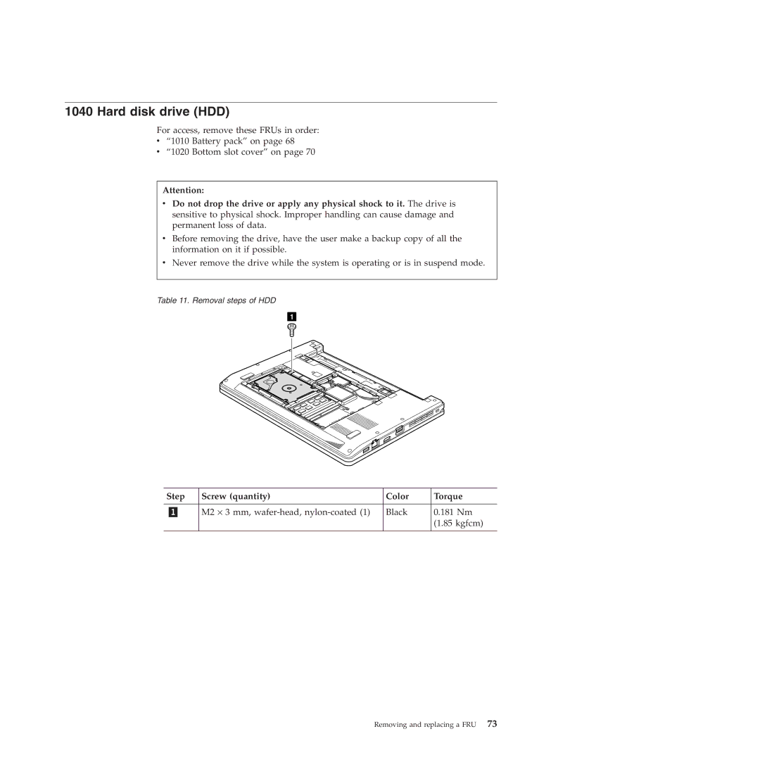 Lenovo 019726U manual Hard disk drive HDD, Step Screw quantity Color Torque 