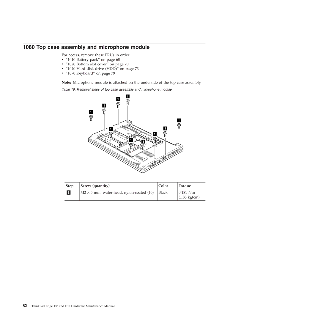 Lenovo 019726U manual Top case assembly and microphone module, M2 ⋅ 5 mm, wafer-head, nylon-coated Black 181 Nm Kgfcm 