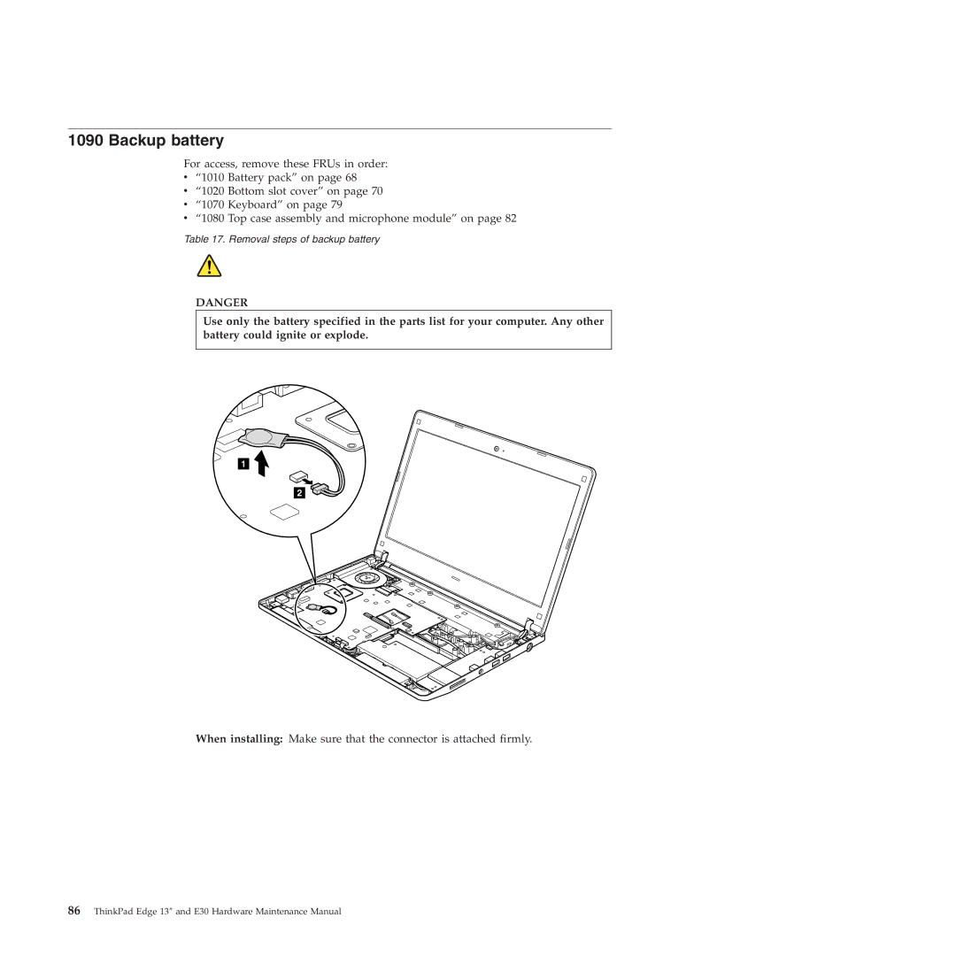 Lenovo 019726U manual Backup battery 