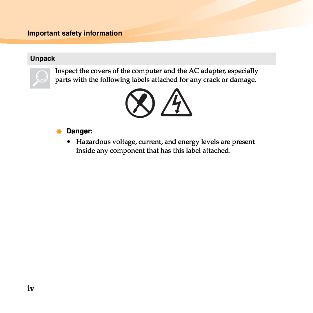 Lenovo 06472BU manual Important safety information, Unpack, Danger 