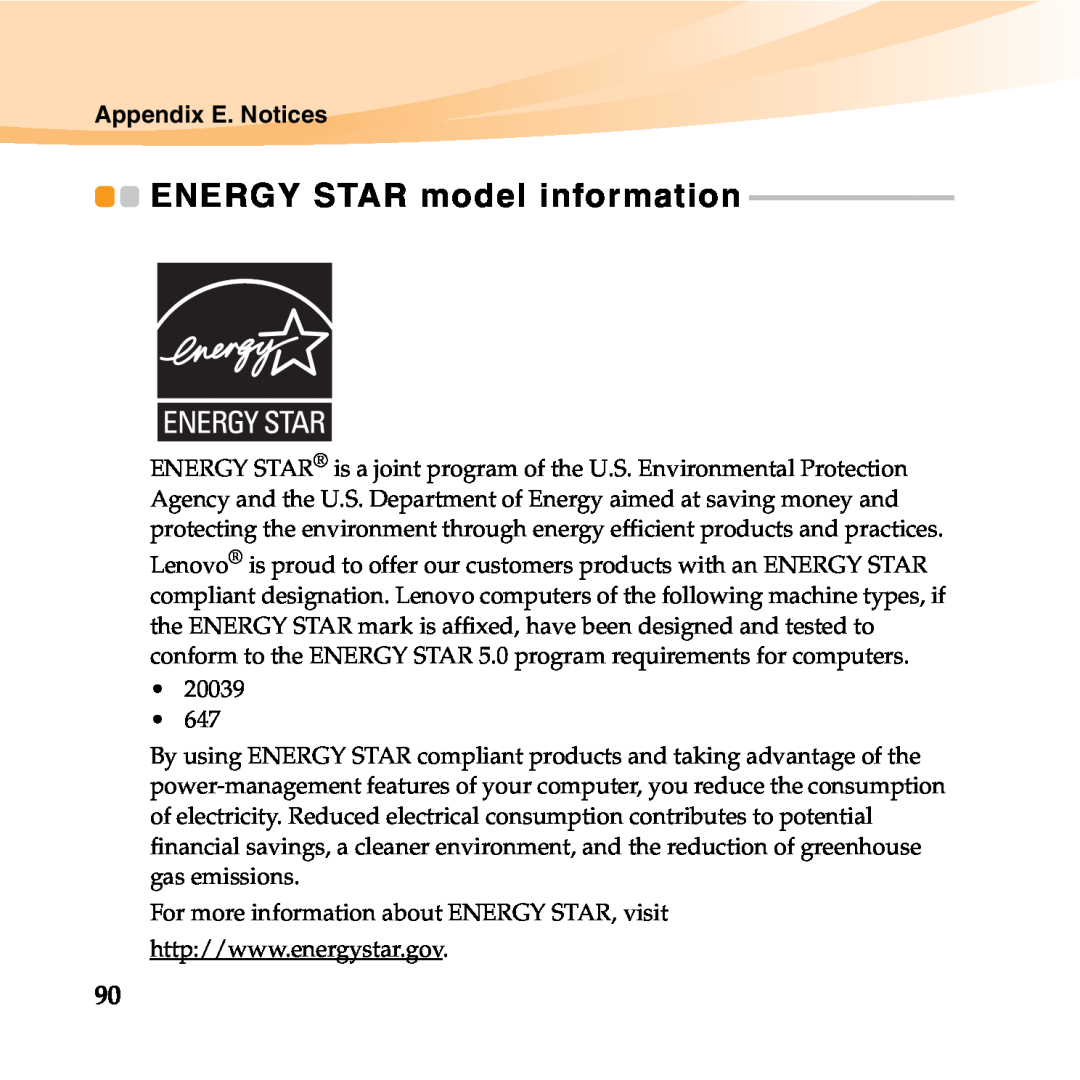 Lenovo 06472BU manual ENERGY STAR model information, Appendix E. Notices 