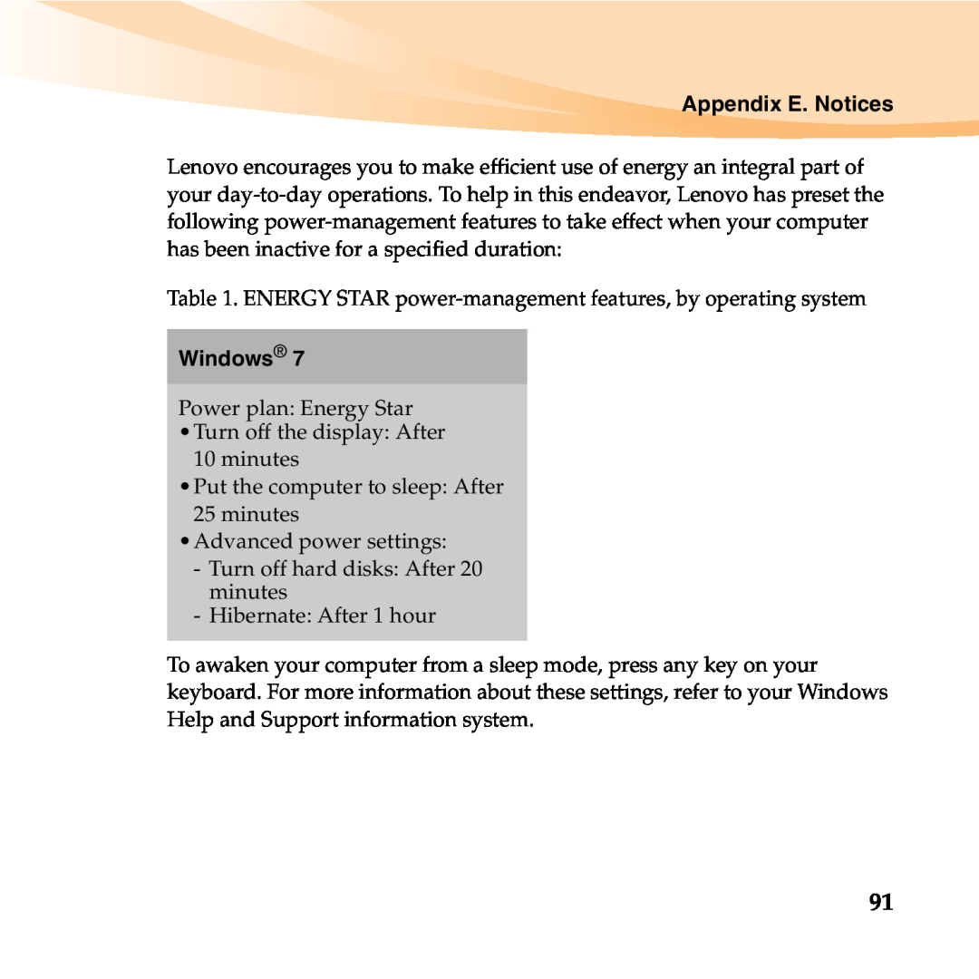 Lenovo 06472BU manual Appendix E. Notices, ENERGY STAR power-management features, by operating system, Windows 