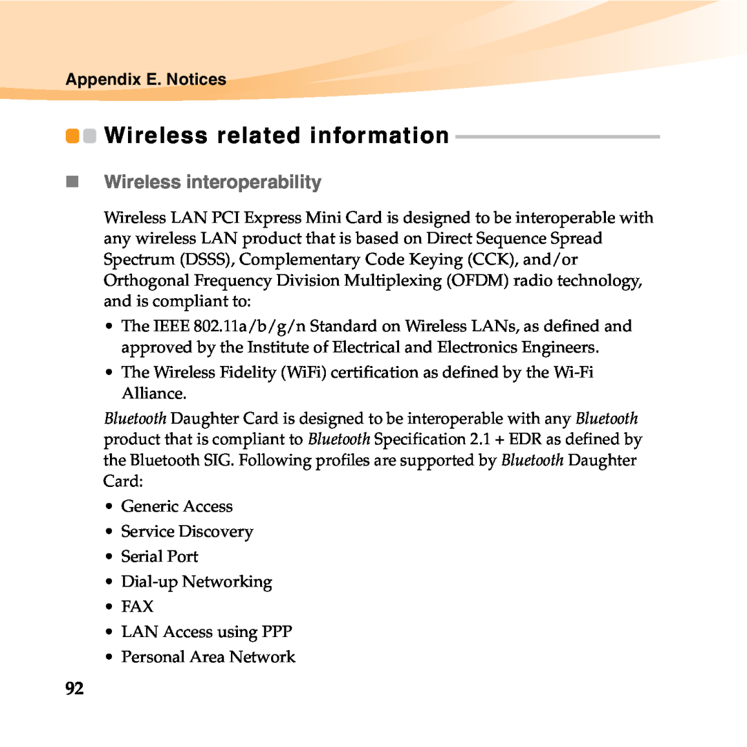 Lenovo 06472BU manual Wireless related information, „ Wireless interoperability, Appendix E. Notices 